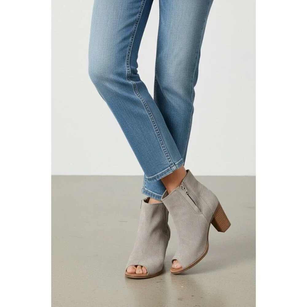 TOMS Gray Suede Peep Toe Ankle Booties Quilted Side Zip Block Heel 7.5